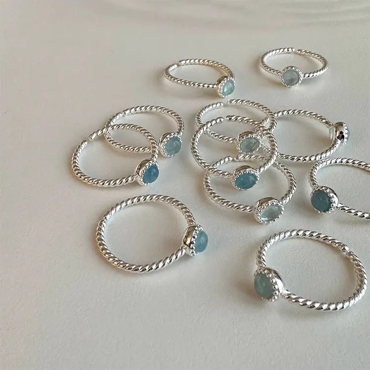 Fashion Natural Aquamarine S925 Sterling Silver Open Ring Women's Geometric Small Fresh