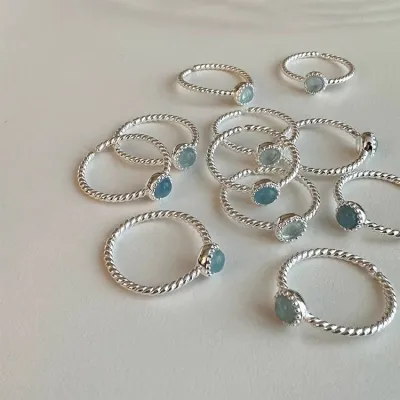 Fashion Natural Aquamarine S925 Sterling Silver Open Ring Women's Geometric Small Fresh