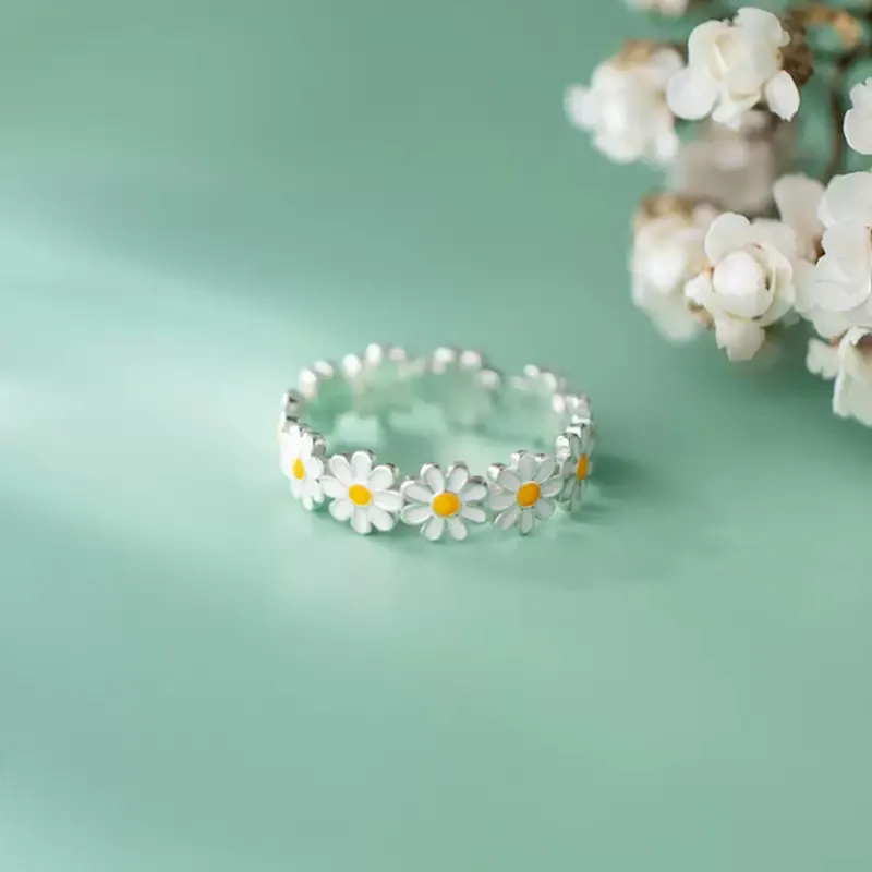 Fashion Daisy S925 Sterling Silver Ring Women's Pastoral Floral
