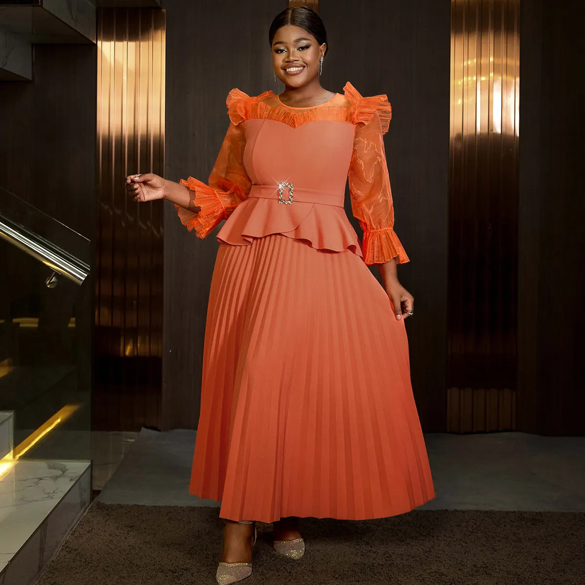 African Women Plus Size Puff Sleeve Pleated Elegant Club Dress