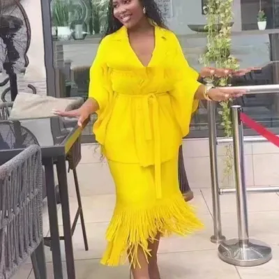 African Women Lapel V-Neck Lace-Up Long Sleeve Cardigan Tassel Skirt Set