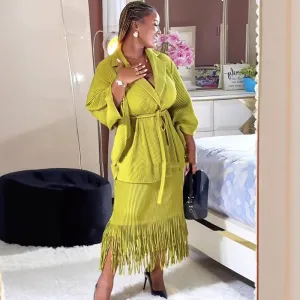 African Women Lapel V-Neck Lace-Up Long Sleeve Cardigan Tassel Skirt Set