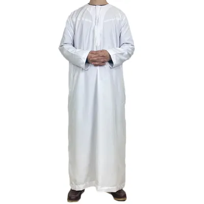 Men Robe Solid Color Pocket Design Round Neck Kaftan Dress