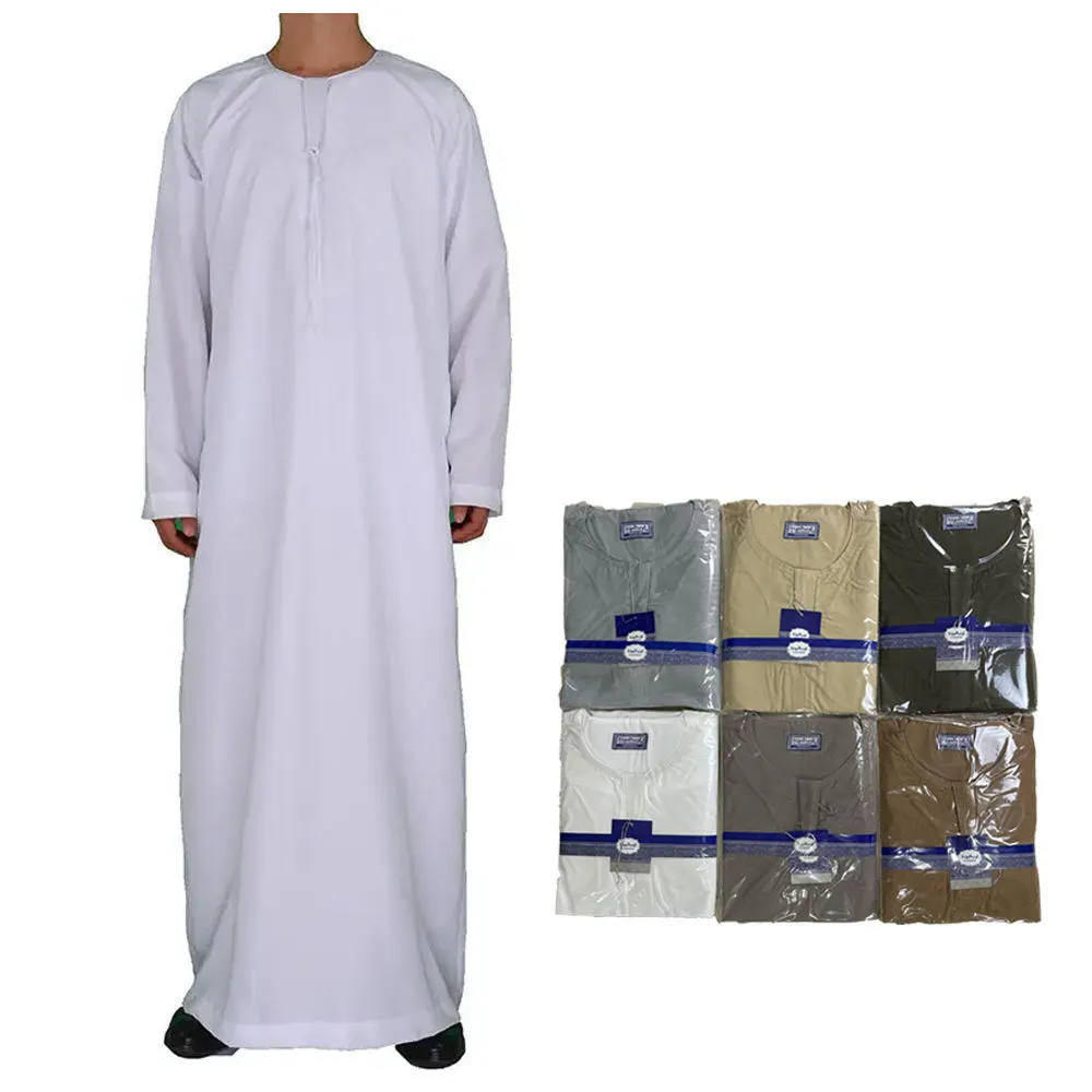 Men Robe Solid Color Pocket Design Round Neck Kaftan Dress