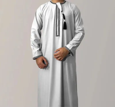 Solid Color Round Neck Embroidered Robe Men Long Sleeve Kaftan Dress