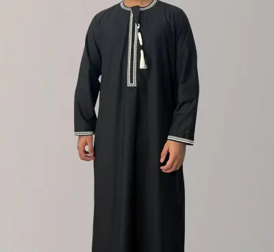 Solid Color Round Neck Embroidered Robe Men Long Sleeve Kaftan Dress