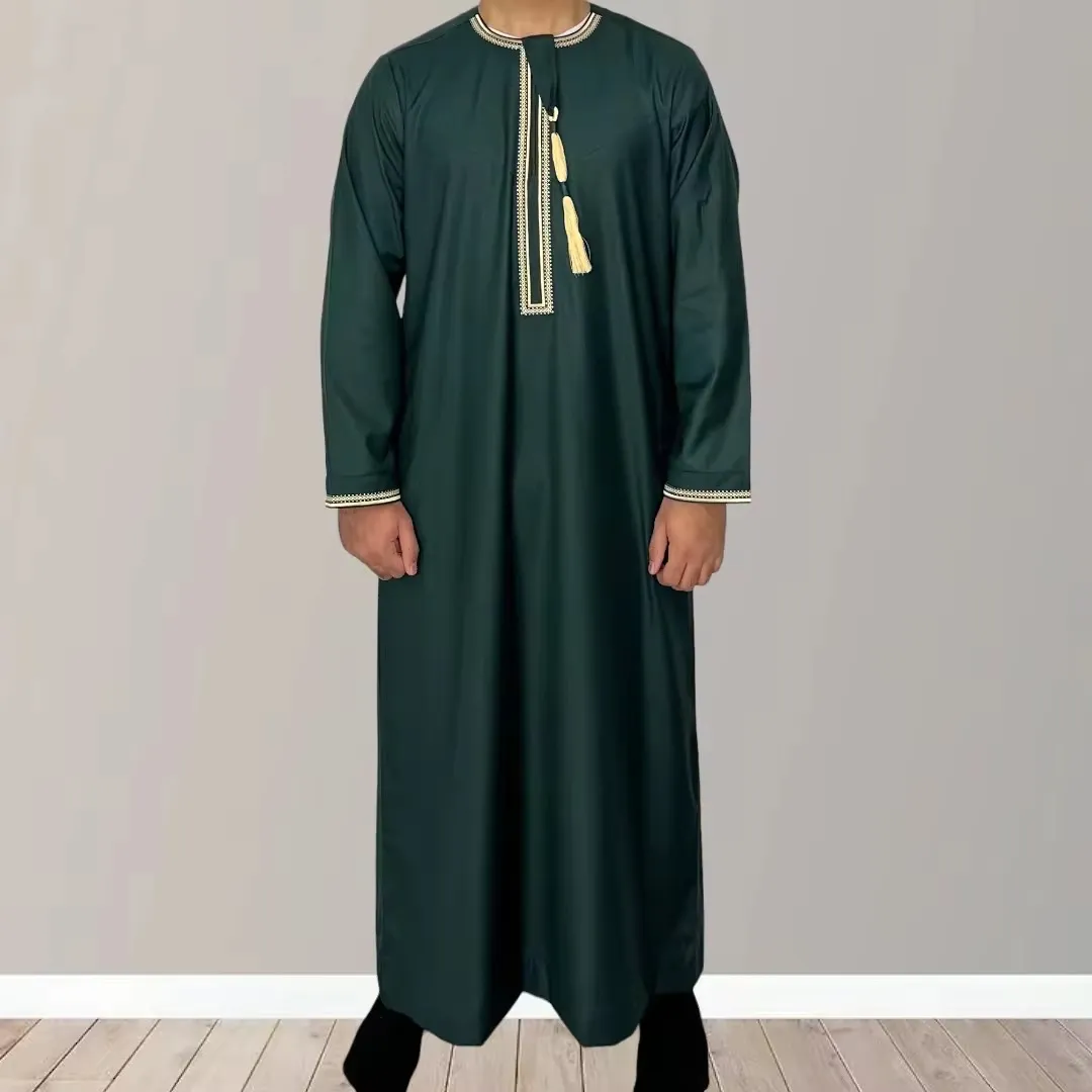 Solid Color Round Neck Embroidered Robe Men Long Sleeve Kaftan Dress