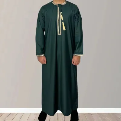 Solid Color Round Neck Embroidered Robe Men Long Sleeve Kaftan Dress
