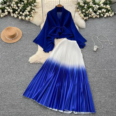 Women Gradient Color Lace-Up Blouse Pleated Skirt Two-Piece Set