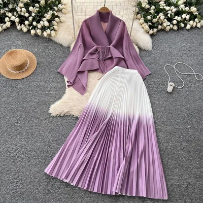 Women Gradient Color Lace-Up Blouse Pleated Skirt Two-Piece Set