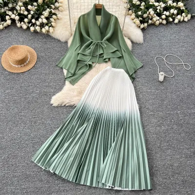 Women Gradient Color Lace-Up Blouse Pleated Skirt Two-Piece Set