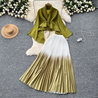 Women Gradient Color Lace-Up Blouse Pleated Skirt Two-Piece Set