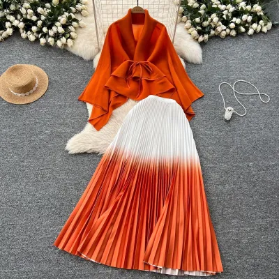 Women Gradient Color Lace-Up Blouse Pleated Skirt Two-Piece Set