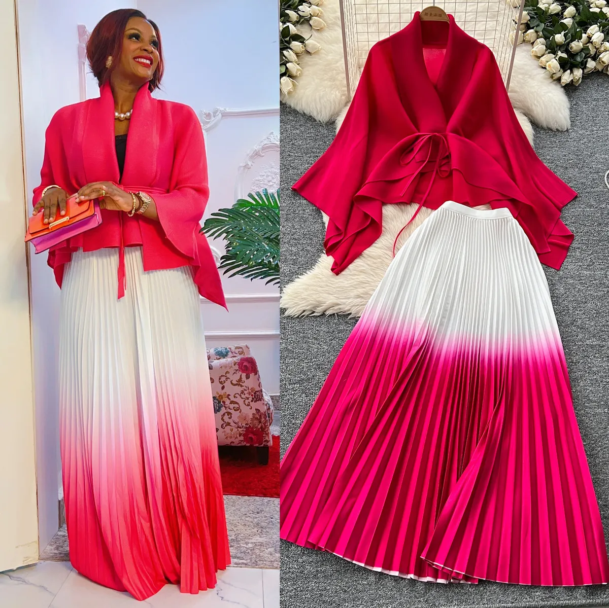 Women Gradient Color Lace-Up Blouse Pleated Skirt Two-Piece Set