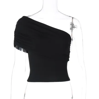 Women Fashion Sexy Oblique Shoulder Slim-Fit Tank Top Solid Color