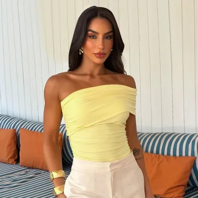 Women Fashion Sexy Oblique Shoulder Slim-Fit Tank Top Solid Color