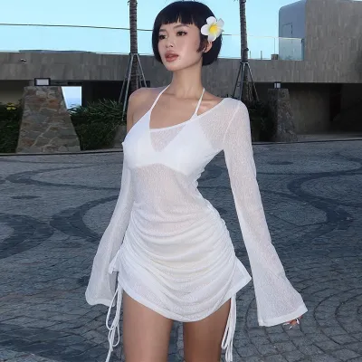 Women Fashion Sexy Solid Color Slanted Shoulder Long-Sleeve Swimsuit Cover-Up