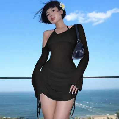 Women Fashion Sexy Solid Color Slanted Shoulder Long-Sleeve Swimsuit Cover-Up