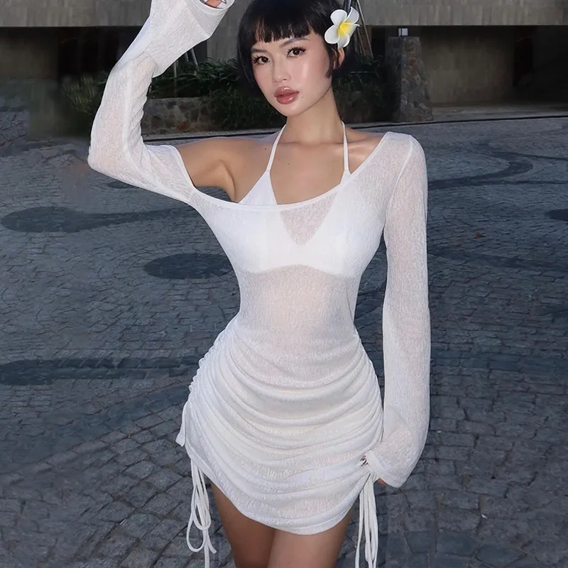 Women Fashion Sexy Solid Color Slanted Shoulder Long-Sleeve Swimsuit Cover-Up