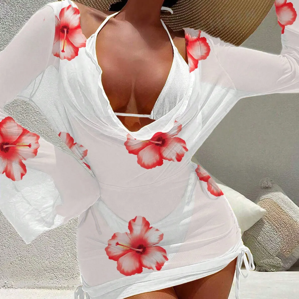 Women Fashion Sexy Floral Printed Bikini Long Sleeve Swimsuit Cover-Ups Three-Piece Set