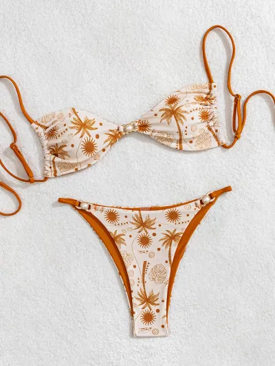 Women Sexy Printed Lace-Up Bikini Swimsuit