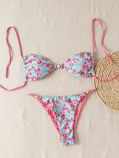 Women Sexy Printed Lace-Up Bikini Swimsuit