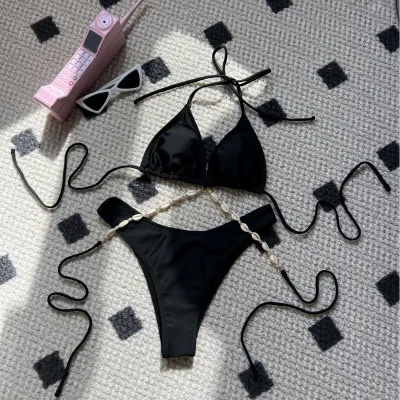 Women Sexy Solid Color Halter-Neck Lace-Up Bikini Swimsuit