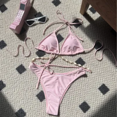 Women Sexy Solid Color Halter-Neck Lace-Up Bikini Swimsuit