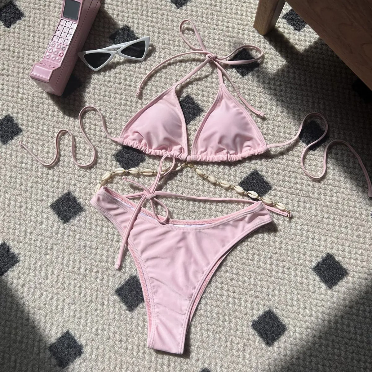 Women Sexy Solid Color Halter-Neck Lace-Up Bikini Swimsuit