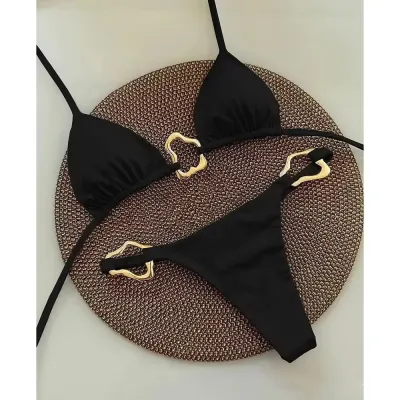 Women Sexy Halter-Neck Lace-Up Bikini Swimsuit with Metal Buckle