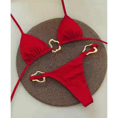 Women Sexy Halter-Neck Lace-Up Bikini Swimsuit with Metal Buckle
