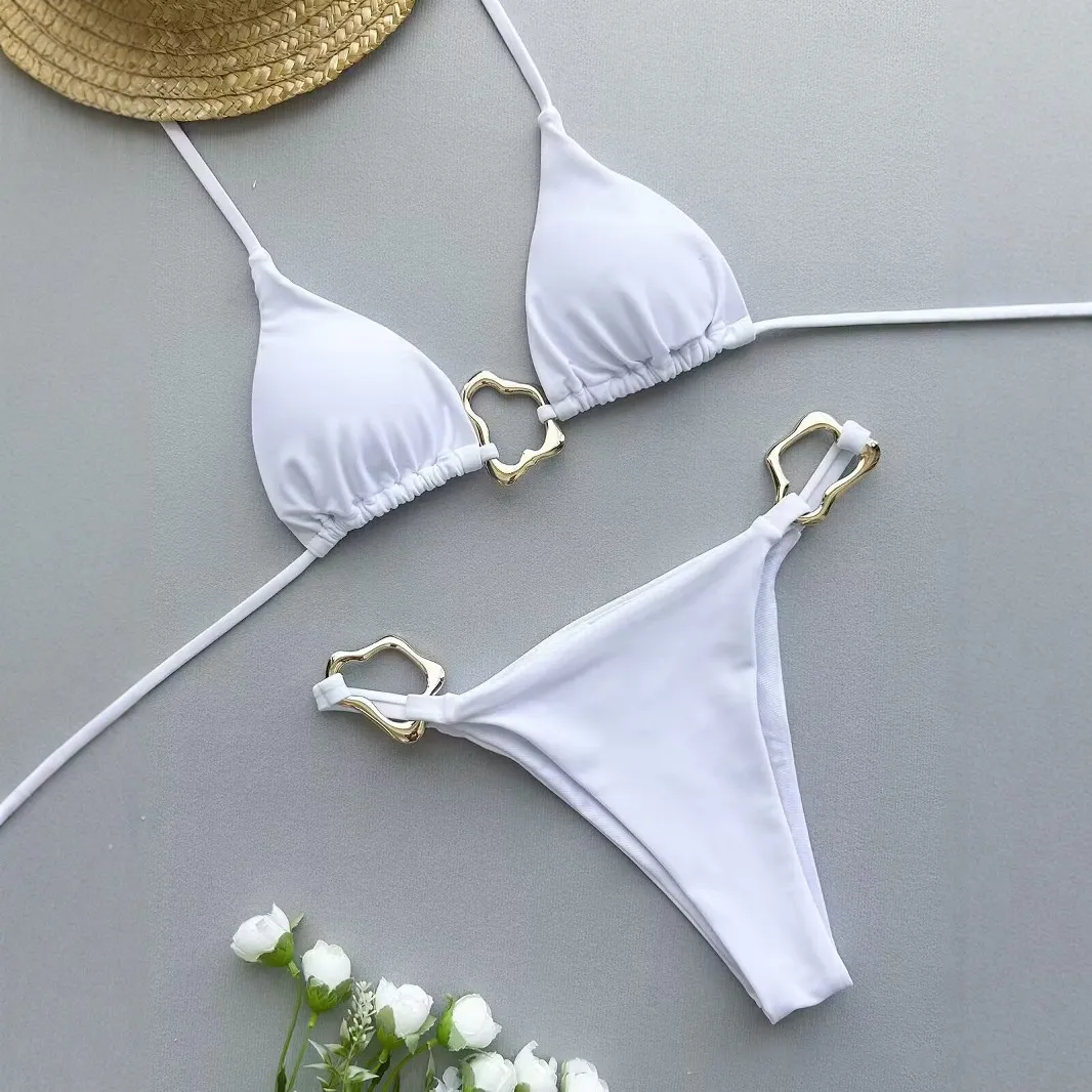 Women Sexy Halter-Neck Lace-Up Bikini Swimsuit with Metal Buckle