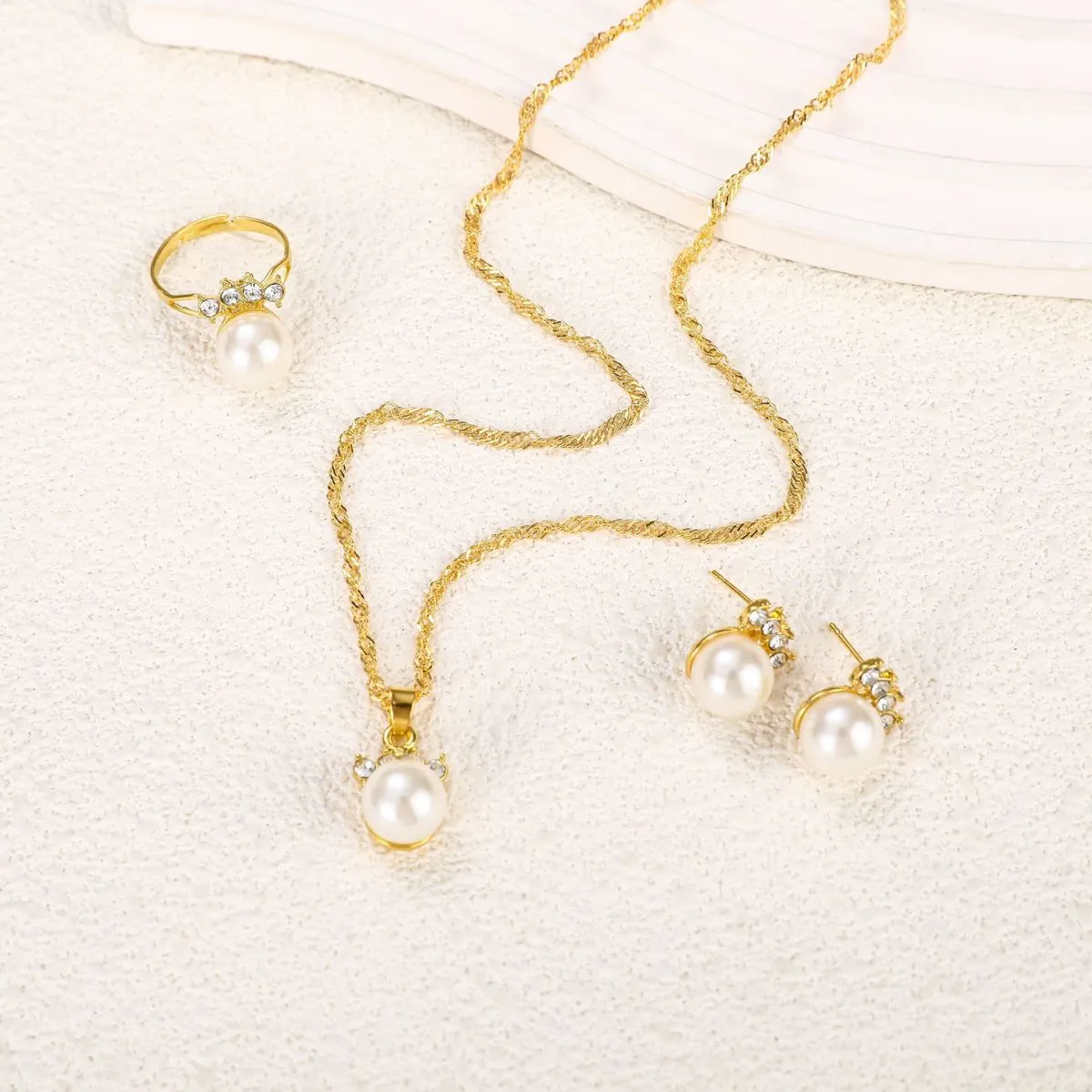 Women Fashion Imitation Pearl Necklace Ring Earrings Jewelry Set Alloy Stars Sun Moon Clouds Universe Regular Chain