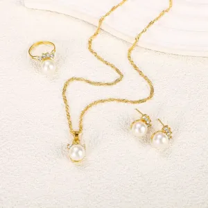 Women Fashion Imitation Pearl Necklace Ring Earrings Jewelry Set Alloy Stars Sun Moon Clouds Universe Regular Chain