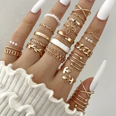 Women Fashion Geometric Oil Dropping Multi-Joint Ring Set 22 Pieces