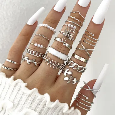 Women Fashion Geometric Oil Dropping Multi-Joint Ring Set 22 Pieces