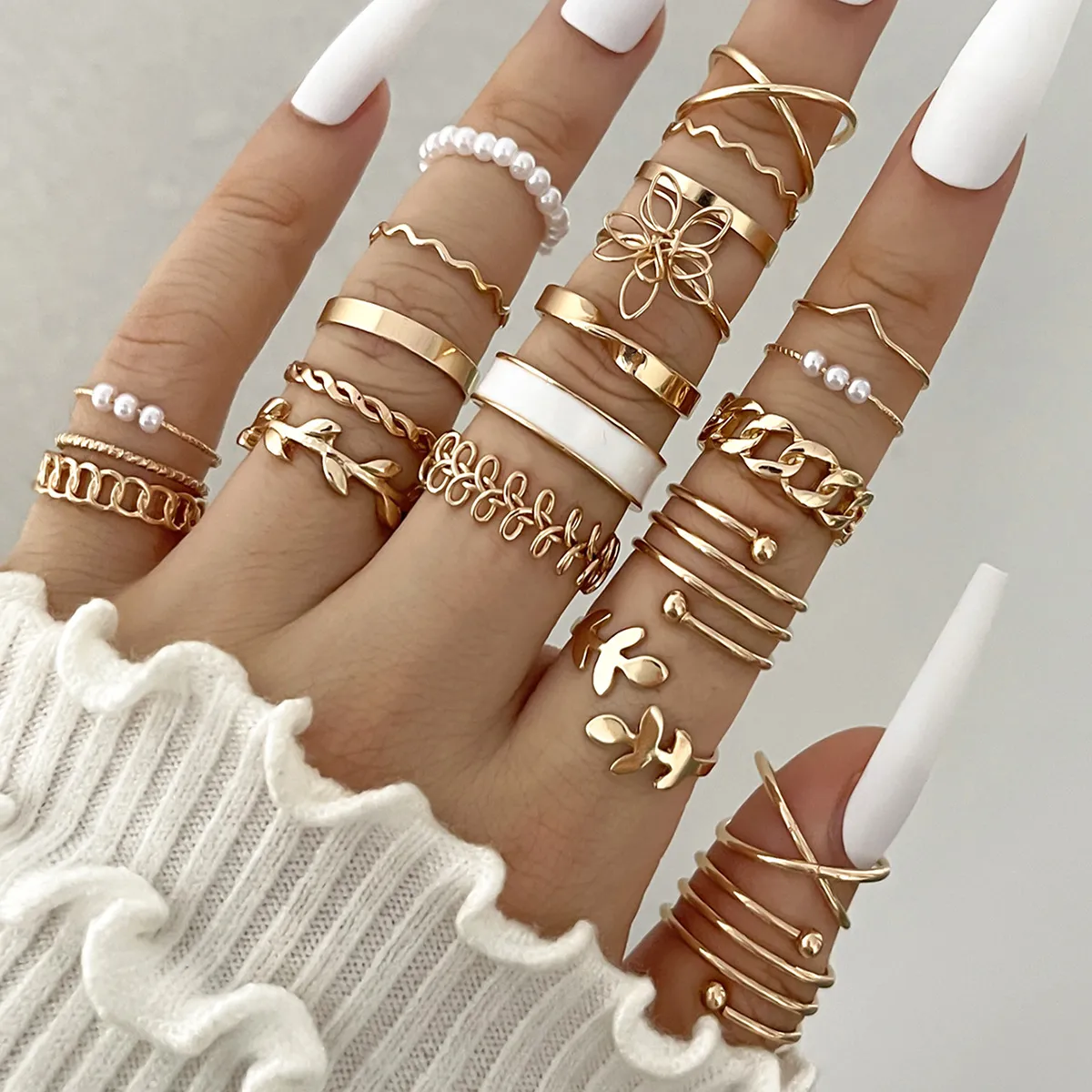 Women Fashion Geometric Oil Dropping Multi-Joint Ring Set 22 Pieces