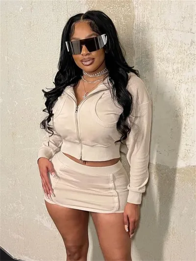 Women Slim Solid Color Casual Zipper Long Sleeve Jacket Skirt Set