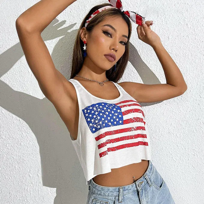 Women Flag Print 3D Effect Sleeveless Slim Fit Tank Top