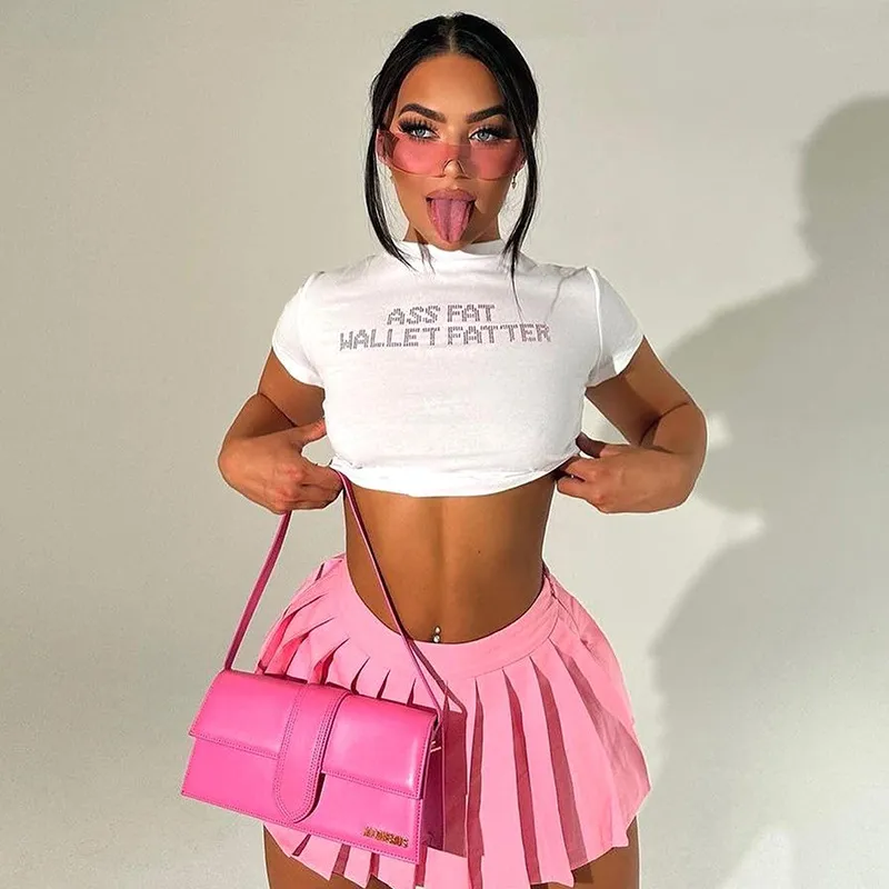 Sexy Women Short-Sleeved Letter Rhinestone Crop Polyester T-Shirt