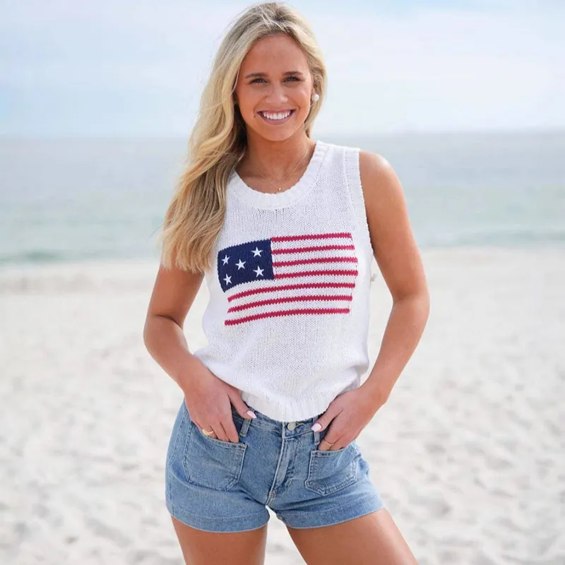 Comfortable Loose Round Neck Flag Pattern Simple Knitted Party Sweater