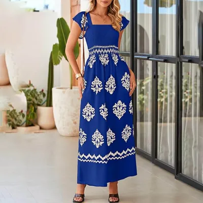 Women Bohemian Vintage Print Cap Sleeve High Waist Wide Leg Jumpsuit