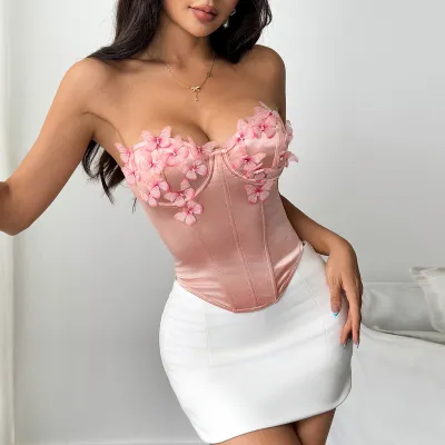 Women Satin Butterfly Strapless Diamond Steel Ring Fishbone Top Corset