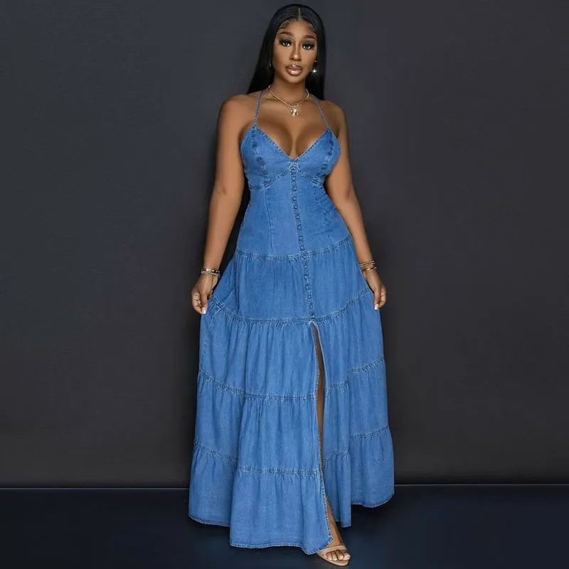 Women Summer Sexy Fashion V-Neck Spaghetti Strap Backless Denim Dress