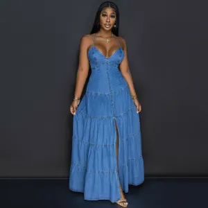 Women Summer Sexy Fashion V-Neck Spaghetti Strap Backless Denim Dress