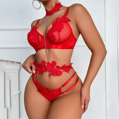 Women Sexy Solid Color Embroidered Bra Set