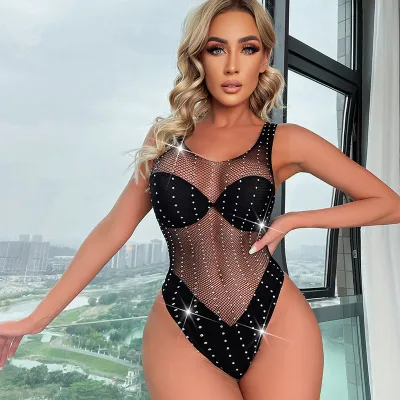 Lencería sexy de malla con diamantes de imitación para mujer