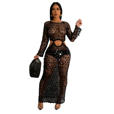 Women Sexy Handmade Knit Cutout Sequin Beach Cover-Up Dress