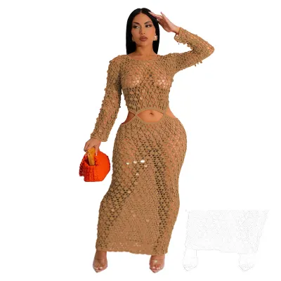 Women Sexy Handmade Knit Cutout Sequin Beach Cover-Up Dress