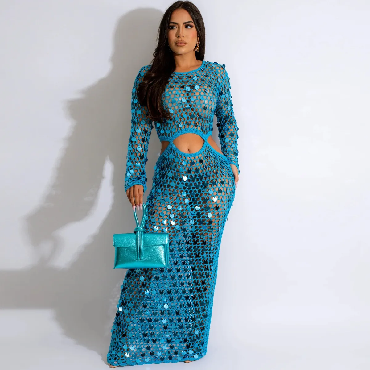 Women Sexy Handmade Knit Cutout Sequin Beach Cover-Up Dress